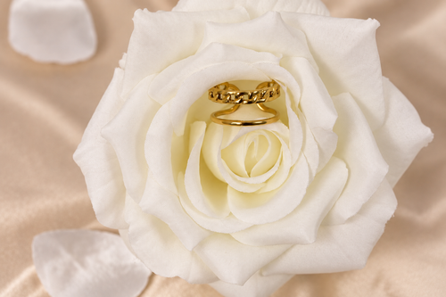 Bague Amel avec maille ajustable posé sur rose blanche— Mujawharat Dream.